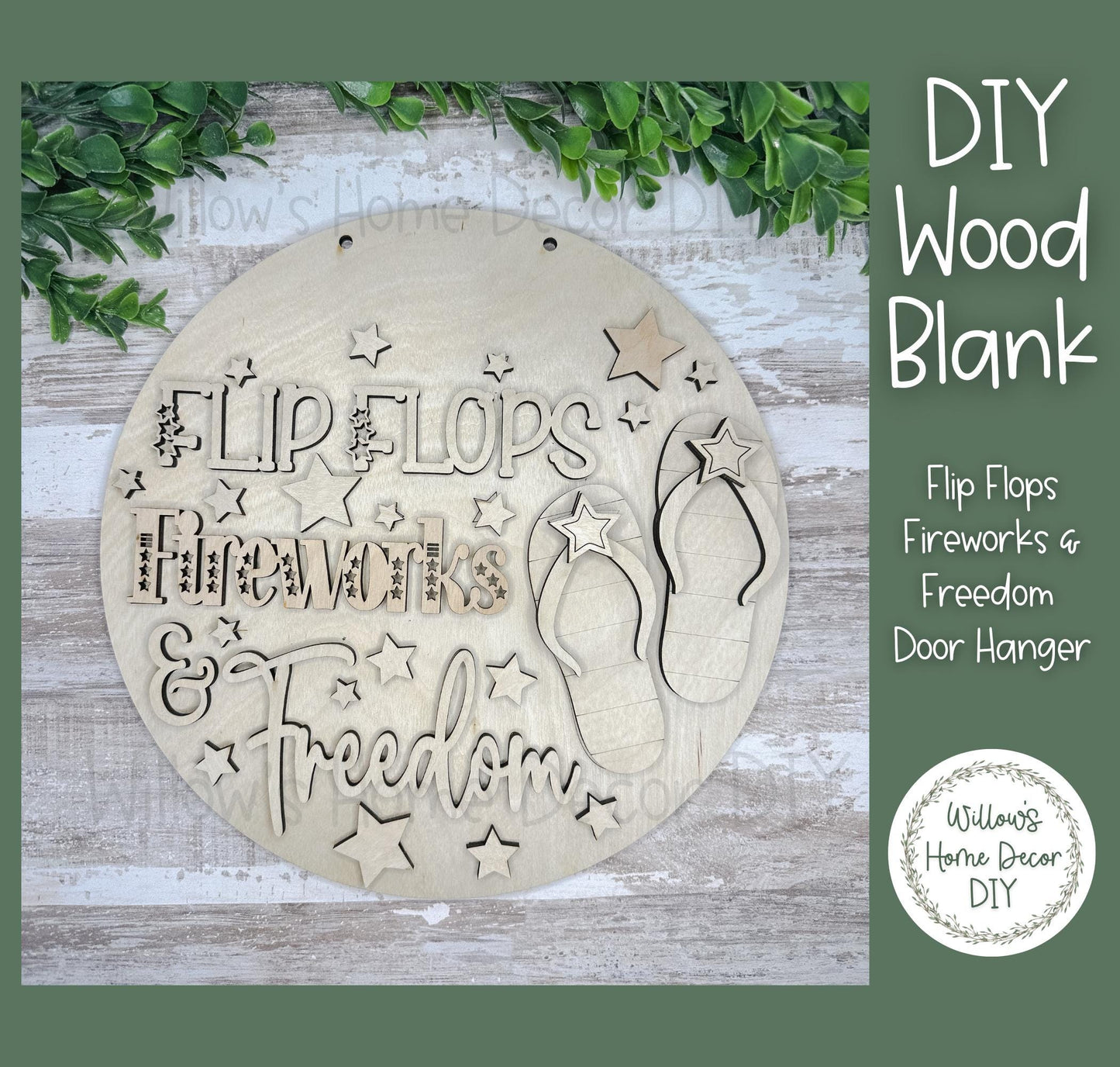 DIY Wood Blank Flip Flops Fireworks & Freedom Door Hanger - Unfinished Patriotic Adult Kids Craft - USA - America - Summer Paint Party -Star