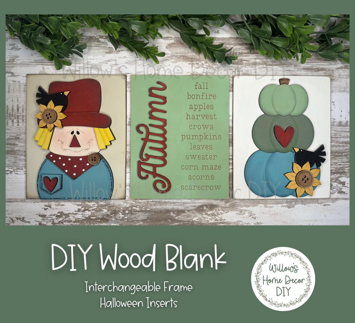 DIY Interchangeable Frame Add On Autumn Scarecrow Inserts - Adult Kids Craft Kit - Wood Blank - Mantle Decor - Seasonal Sign - Shelf Sitter