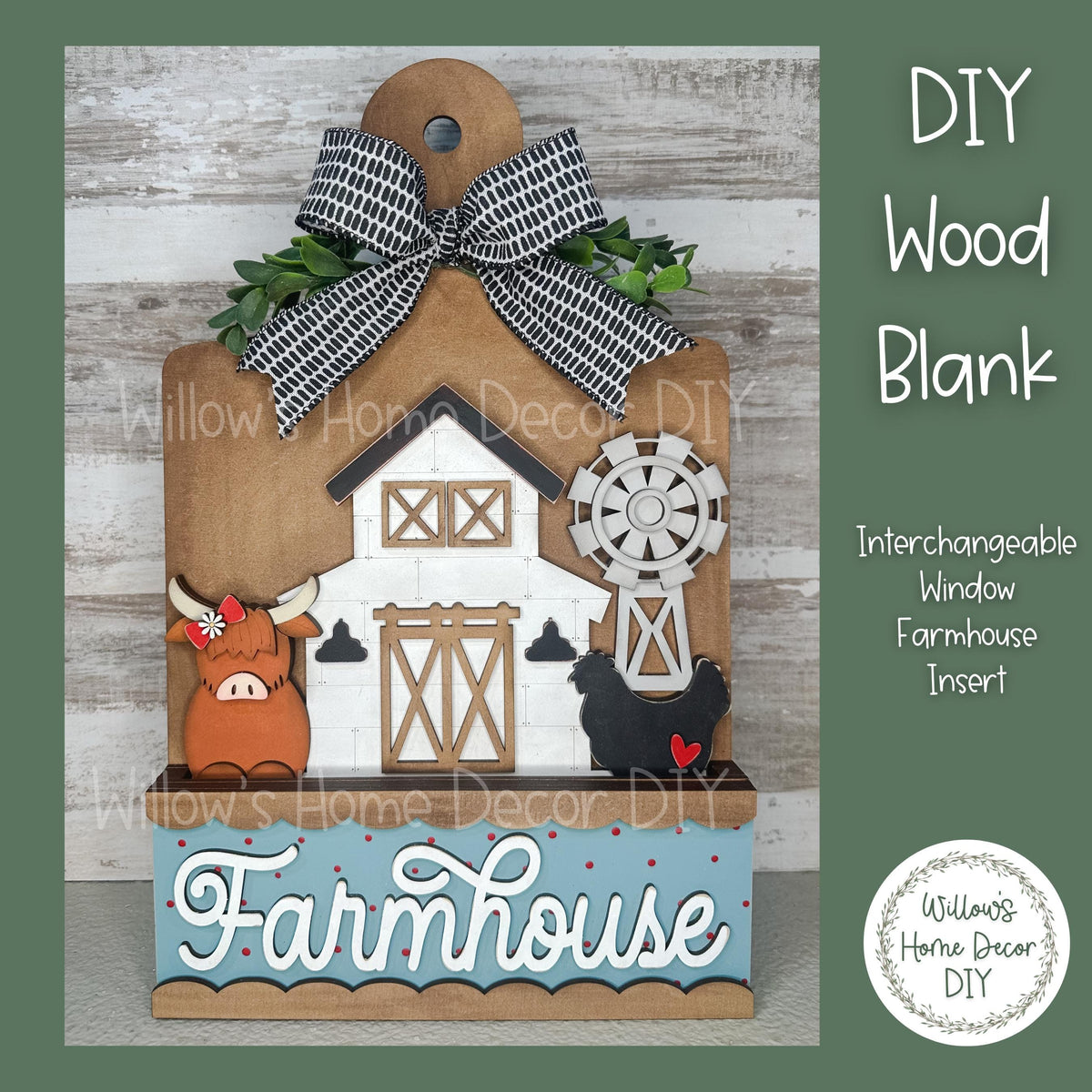 DIY Interchangeable Window Box Add-On Farmhouse- Barn Highland Cow Craft Kit - Wood Blank - Accent - Mantle Decor - Seasonal Shelf Sitter