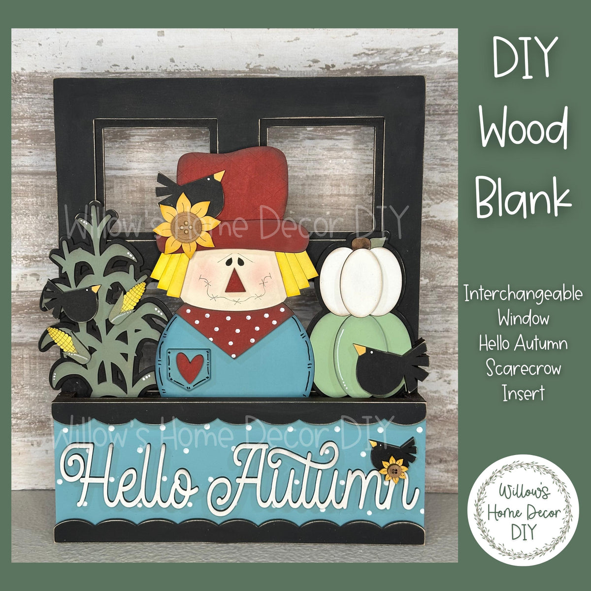 DIY Interchangeable Window Box Add-On Hello Autumn Scarecrow- Craft Kit - Wood Blank - Accent - Mantle Decor - Seasonal Shelf Sitter Sign