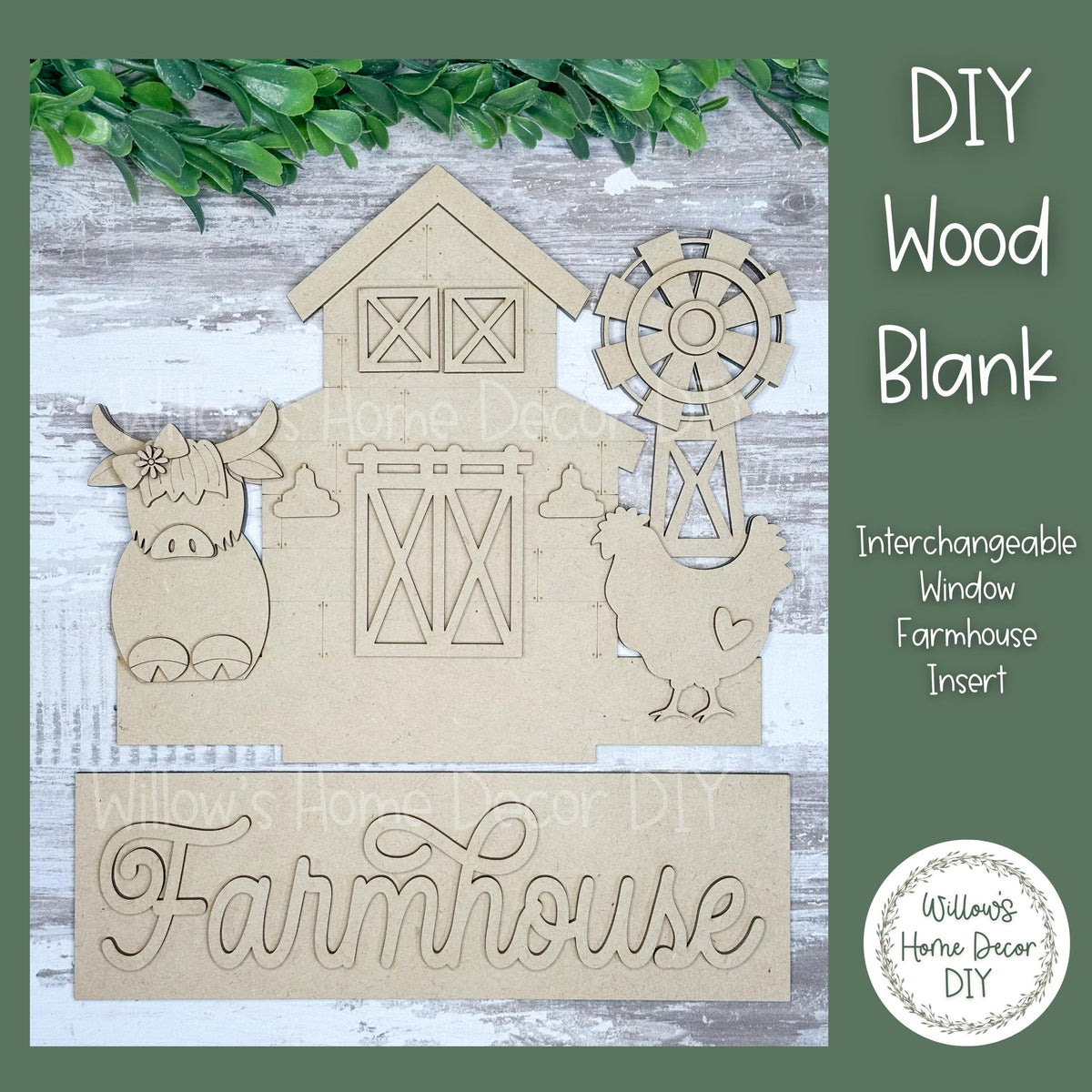 DIY Interchangeable Window Box Add-On Farmhouse- Barn Highland Cow Craft Kit - Wood Blank - Accent - Mantle Decor - Seasonal Shelf Sitter