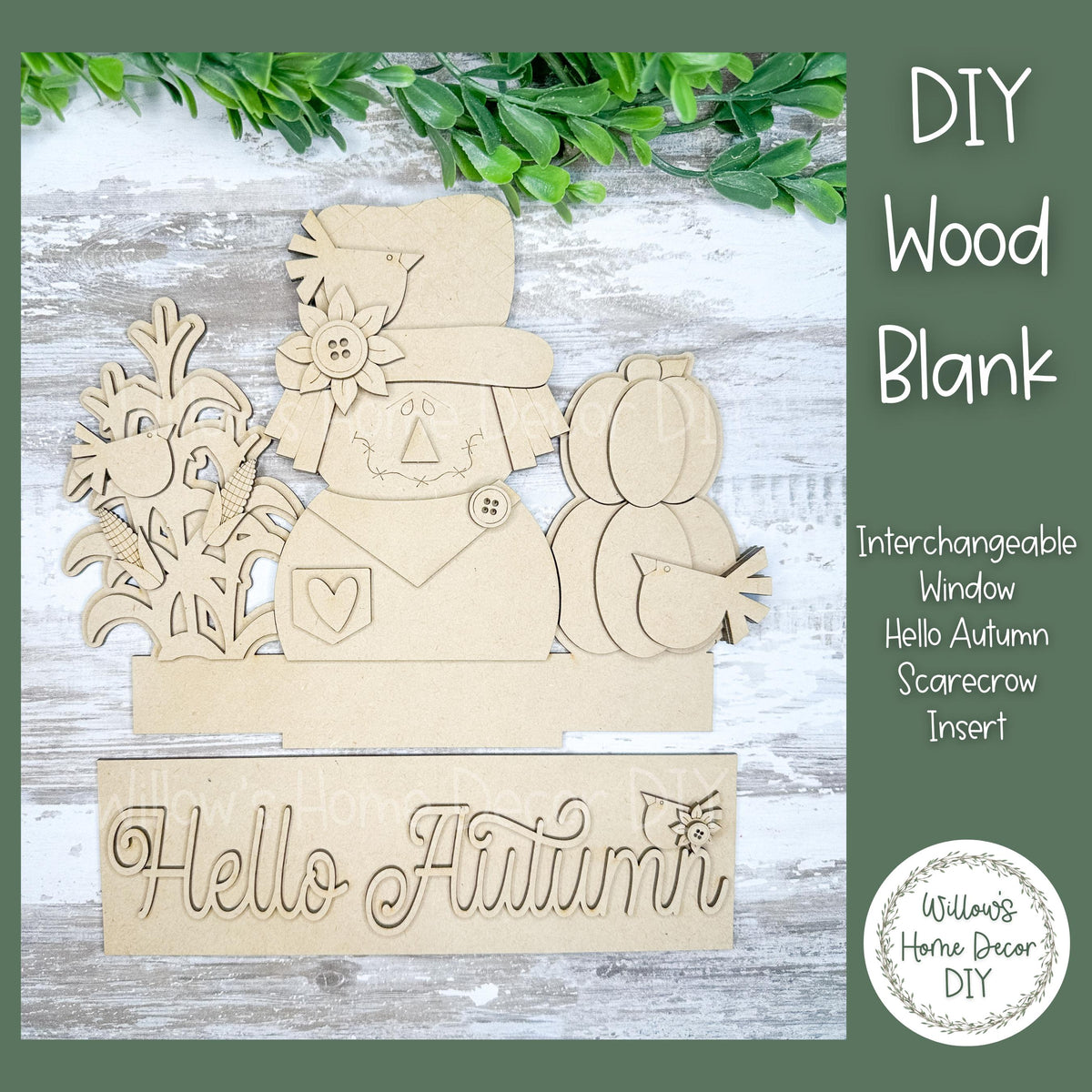 DIY Interchangeable Window Box Add-On Hello Autumn - Scarcrow - Fall Craft Kit - Wood Blank - Mantle Decor - Seasonal Sign - Shelf Sitter