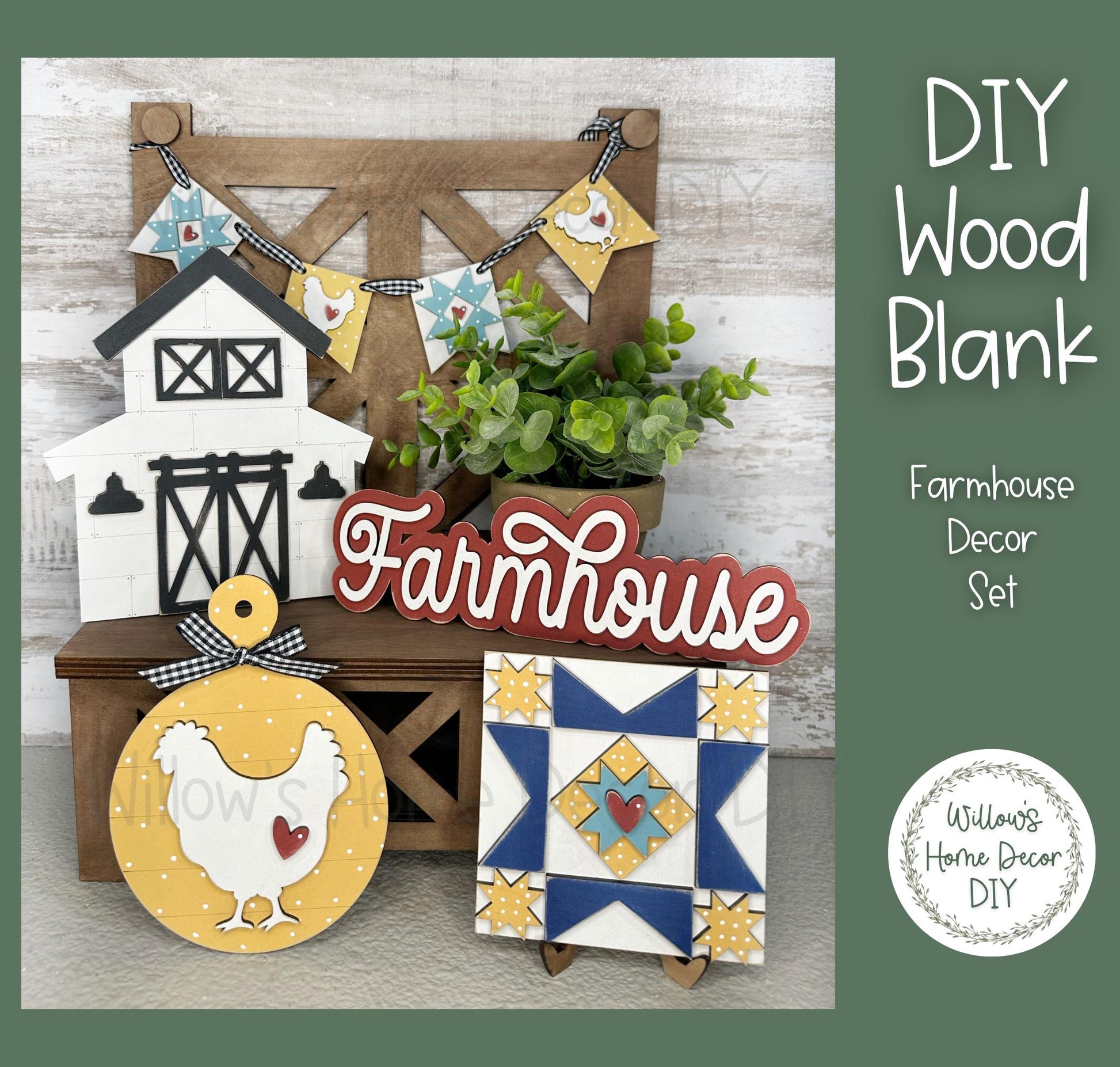 DIY Farmhouse Decor Set - Chicken Decoration - Barn Quilt - Craft Kit - Wood Blank - Mantel Accent - Everyday Farmhouse Decor
