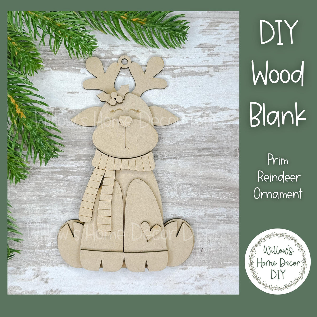 Reindeer Christmas Tree Ornament - Merry Christmas - DIY Wood Blank - Holiday Winter Decor - Tree Decoration - Adult Kids Paint Kit