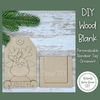 Personalized Reindeer Christmas Tree Ornament - Customized Gift Card Holder - DIY Wood Blank - Adult Kid Craft Kit - Customizable Tag