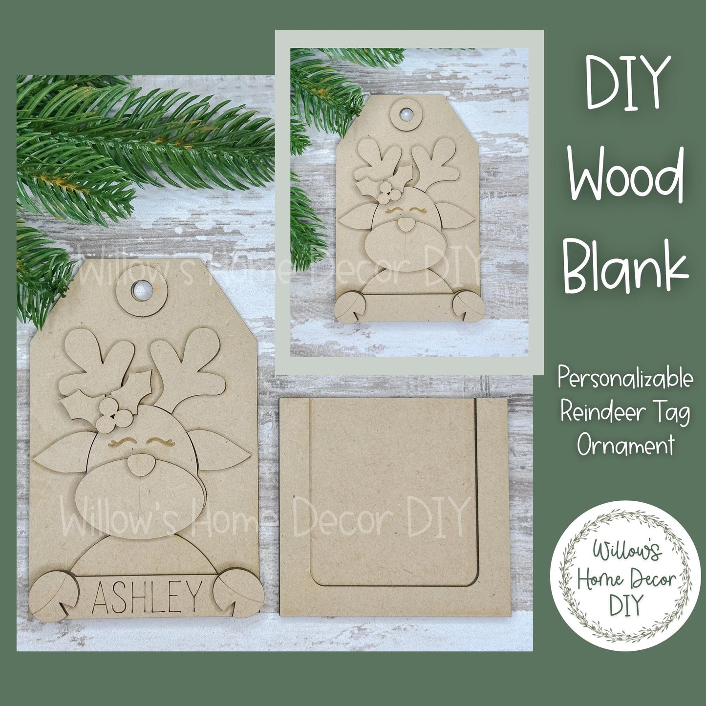 Personalized Reindeer Christmas Tree Ornament - Customized Gift Card Holder - DIY Wood Blank - Adult Kid Craft Kit - Customizable Tag