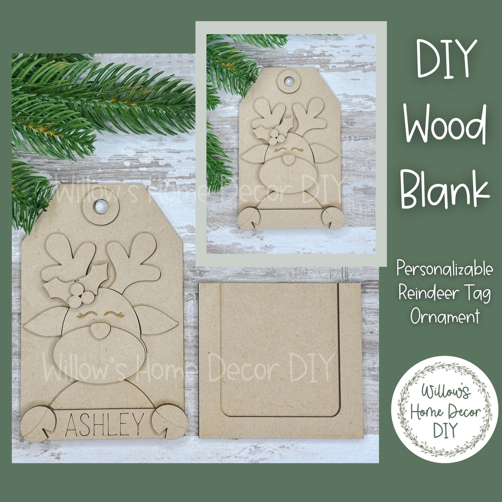 Personalized Reindeer Christmas Tree Ornament - Customized Gift Card Holder - DIY Wood Blank - Adult Kid Craft Kit - Customizable Tag