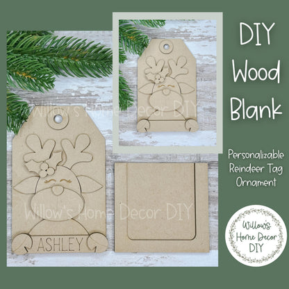 Personalized Reindeer Christmas Tree Ornament - Customized Gift Card Holder - DIY Wood Blank - Adult Kid Craft Kit - Customizable Tag