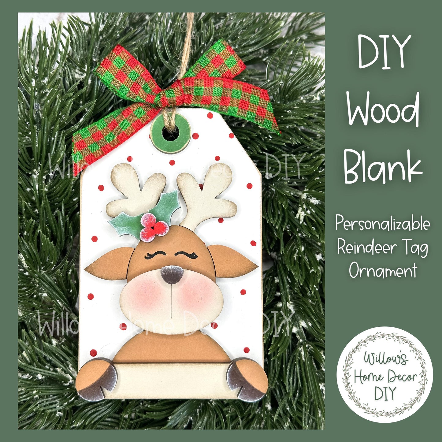 Personalized Reindeer Christmas Tree Ornament - Customized Gift Card Holder - DIY Wood Blank - Adult Kid Craft Kit - Customizable Tag