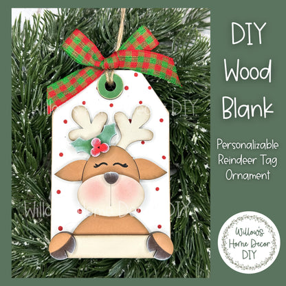 Personalized Reindeer Christmas Tree Ornament - Customized Gift Card Holder - DIY Wood Blank - Adult Kid Craft Kit - Customizable Tag