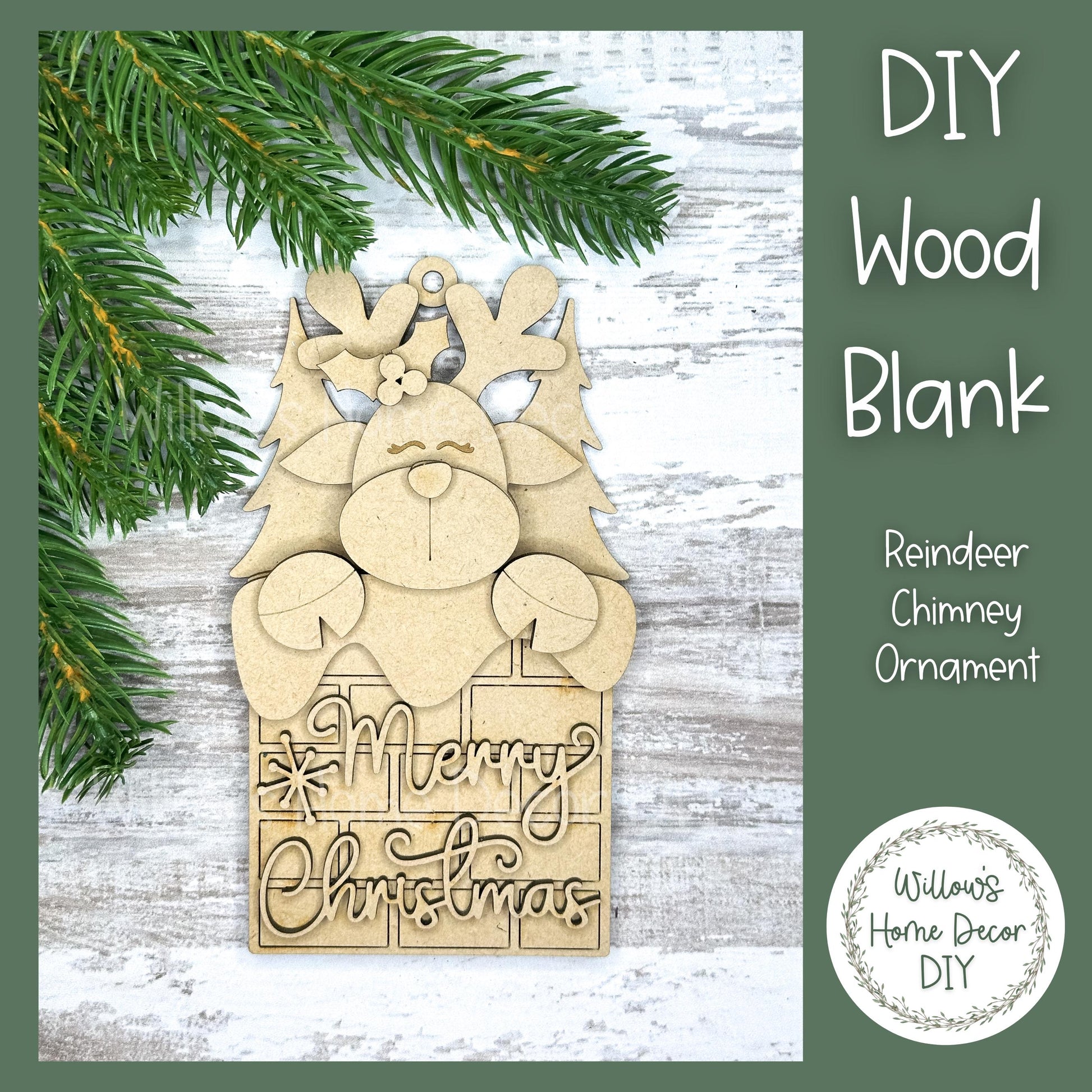 Reindeer Christmas Tree Ornament - Merry Christmas - DIY Wood Blank - Holiday Winter Decor - Tree Decoration - Adult Kids Paint Kit