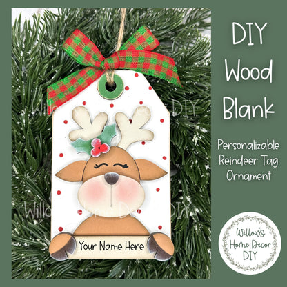 Personalized Reindeer Christmas Tree Ornament - Customized Gift Card Holder - DIY Wood Blank - Adult Kid Craft Kit - Customizable Tag
