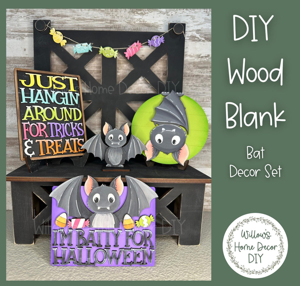 Bat Halloween Tiered Tray Decor Set- DIY Wood Blank Kit - Spooky Decor - Trick or Treat - I'm Batty For Halloween - Candy Corn
