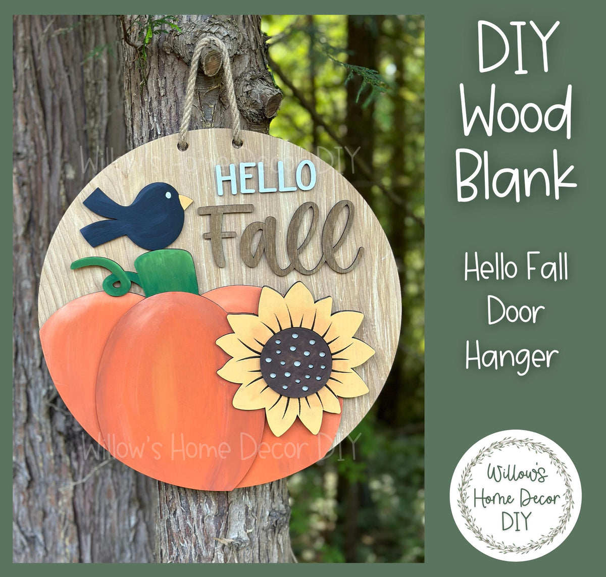 DIY Wood Blank Hello Fall Door Hanger - Unfinished Adult Kid Craft - Fall Porch Decor - Front Door Sign- Paint Party Pumpkin Crow Sunflower