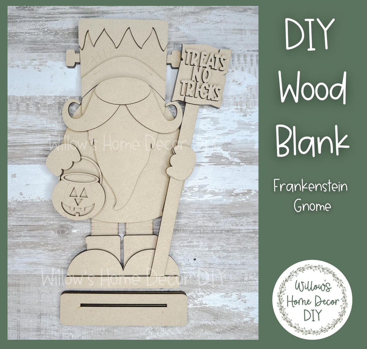 DIY Wood Blank Frankenstein Gnome Shelf Sitter - Halloween Decor - Unfinished Craft - Paint Party Supply - Adult Kids Crafts - Gnomes