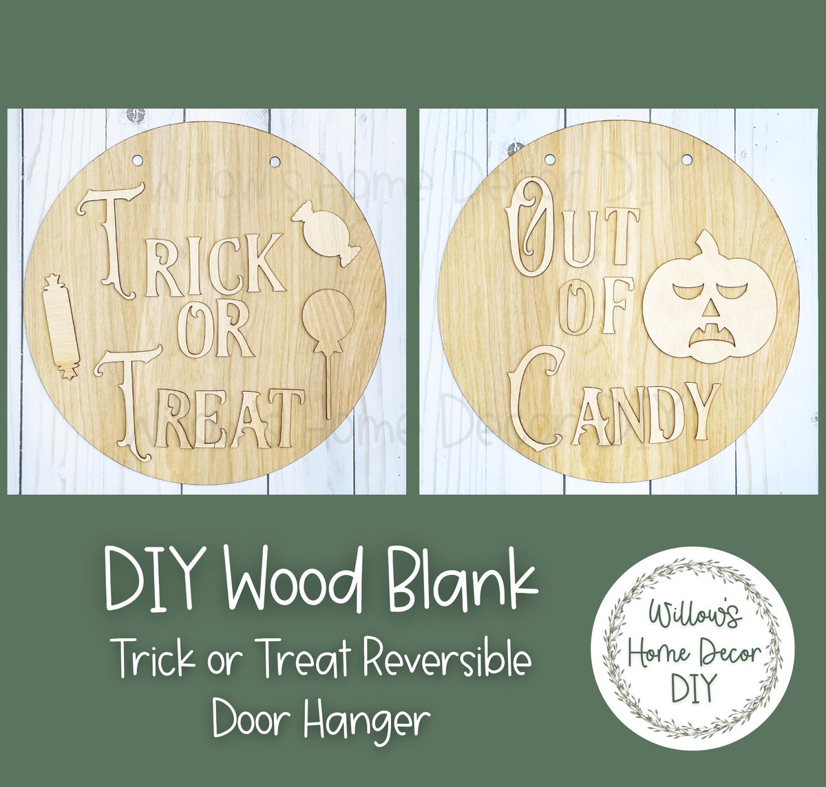 Trick or Treat Reversible Halloween Door Hanger - Halloween Candy Home Decor - DIY Door Hanger Kit - DIY Wood Sign - Wood Blank