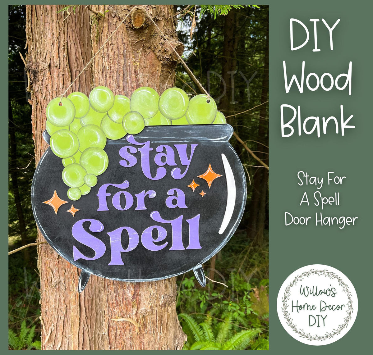 Stay for a Spell Halloween Door Hanger - Halloween Home Decor - DIY Door Hanger Kit - DIY Wood Sign - Wood Blank - Bats Spiders