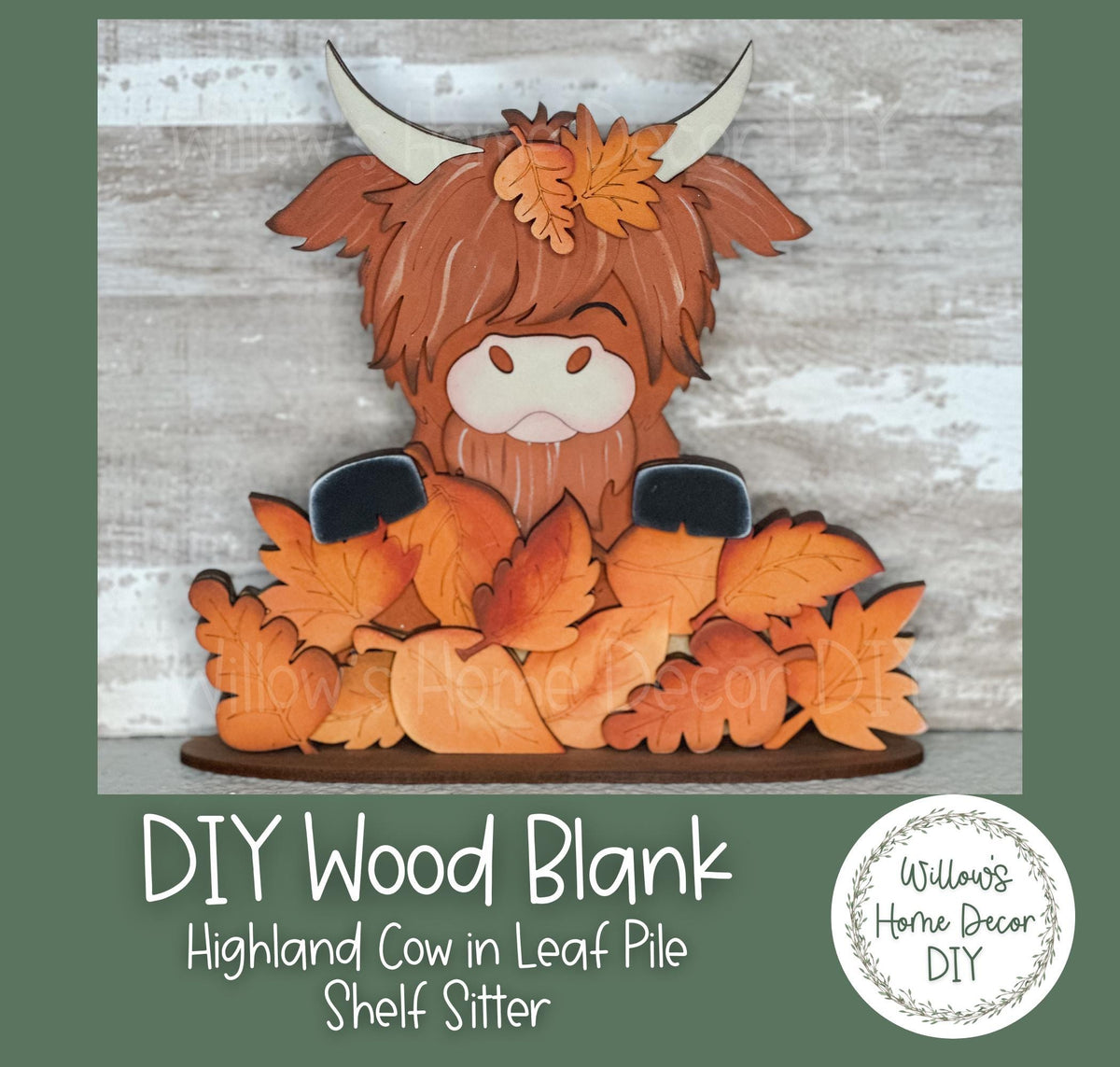 Highland Cow In Leaf Pile Shelf Sitter - DIY Kit - Fall Craft Kit - Fall Home Decor - Family Adult Kid Crafts - Fluffy Cow - Hairy Coo