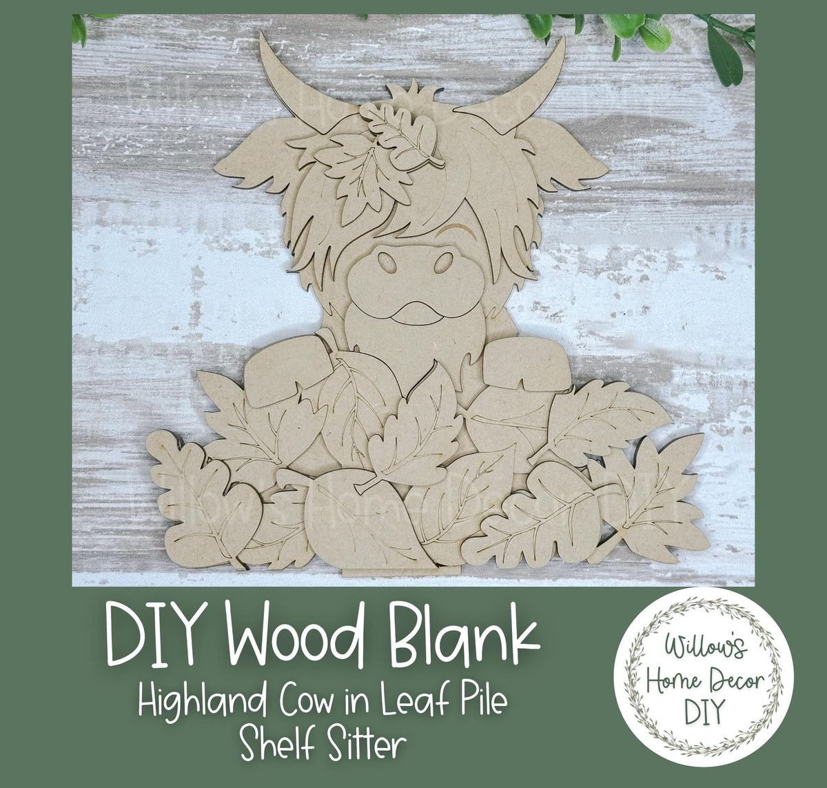 Highland Cow In Leaf Pile Shelf Sitter - DIY Kit - Fall Craft Kit - Fall Home Decor - Family Adult Kid Crafts - Fluffy Cow - Hairy Coo