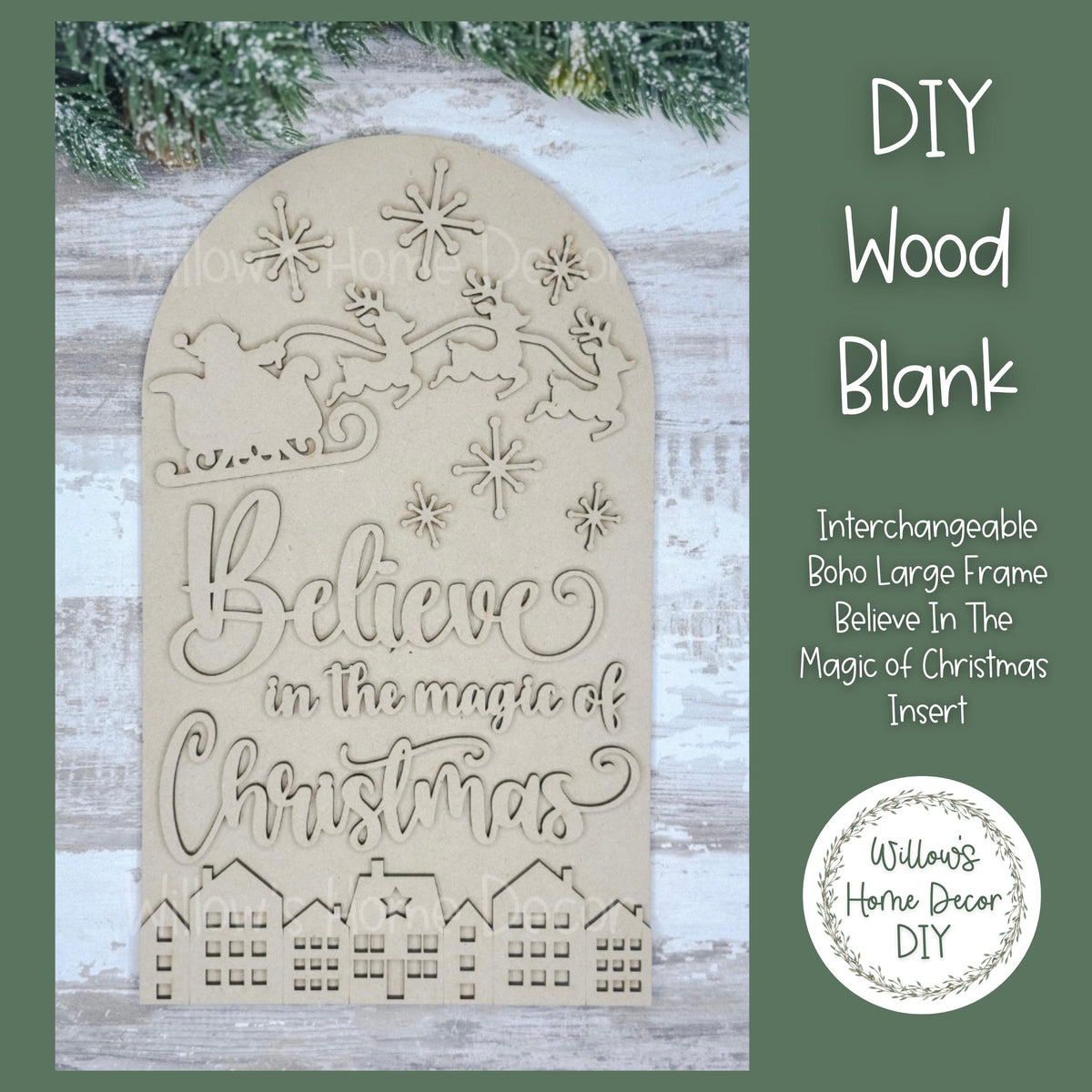 DIY Interchangeable Boho Arch Frame Insert - Believe In The Magic of Christmas- Holiday Craft Kit - Wood Blank - Shelf Sitter Mantel Decor