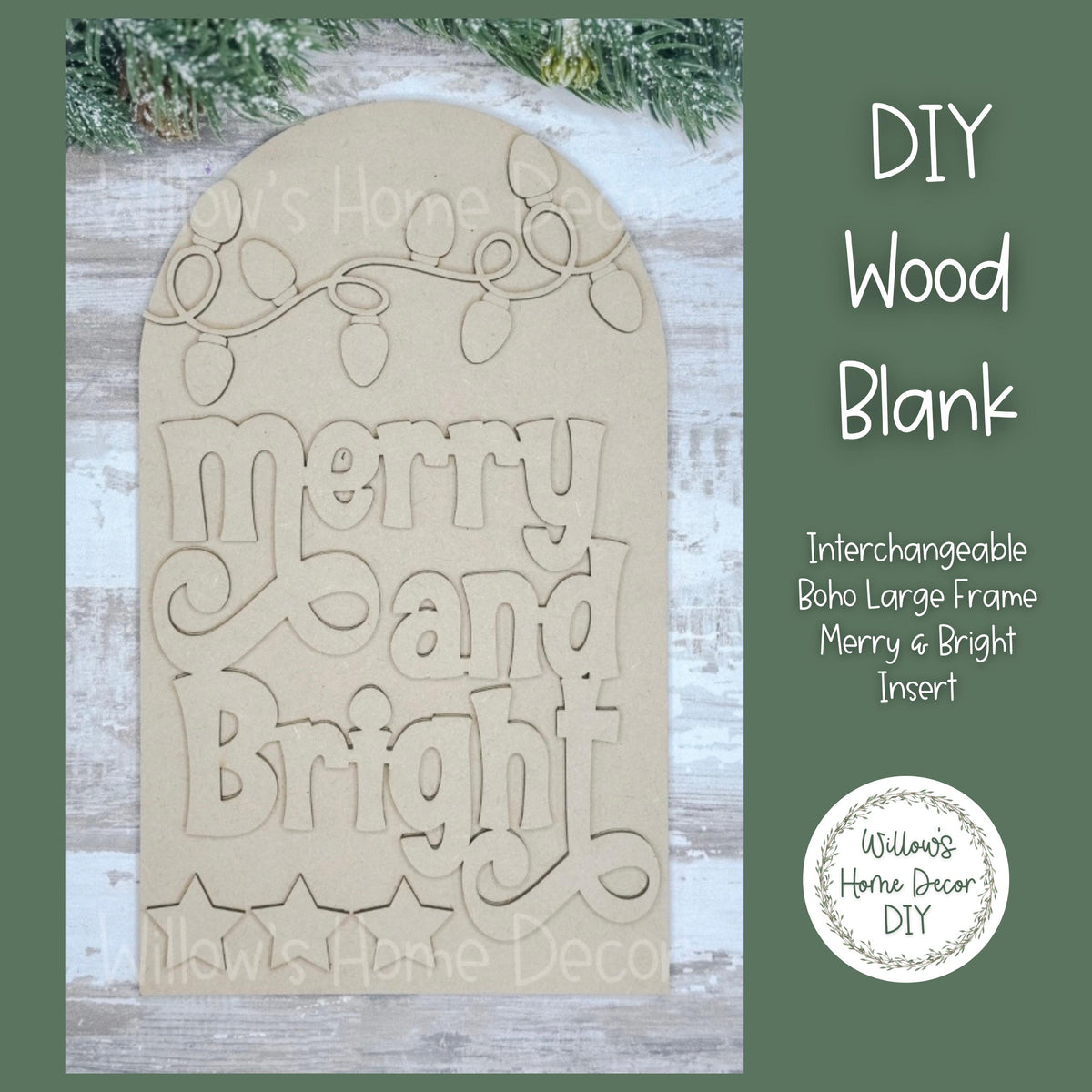 DIY Interchangeable Boho Arch Frame Insert - Merry and Bright - Christmas Craft Kit - Wood Blank - Shelf Sitter Mantel Decor - Seasonal Sign