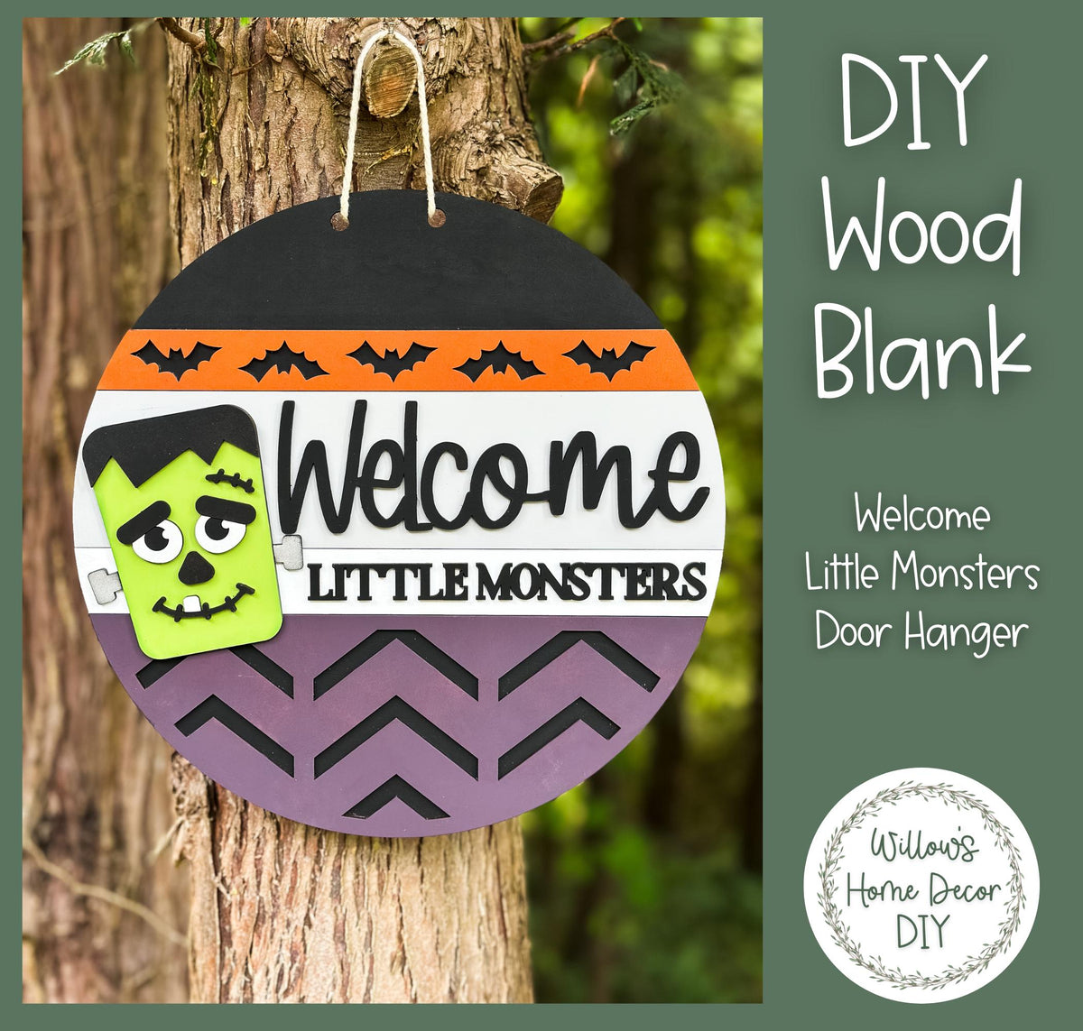 DIY Wood Blank Welcome Little Monsters Door Hanger - Unfinished Adult Teen Kid Craft - Fall Halloween Porch Decor - Front Door Sign