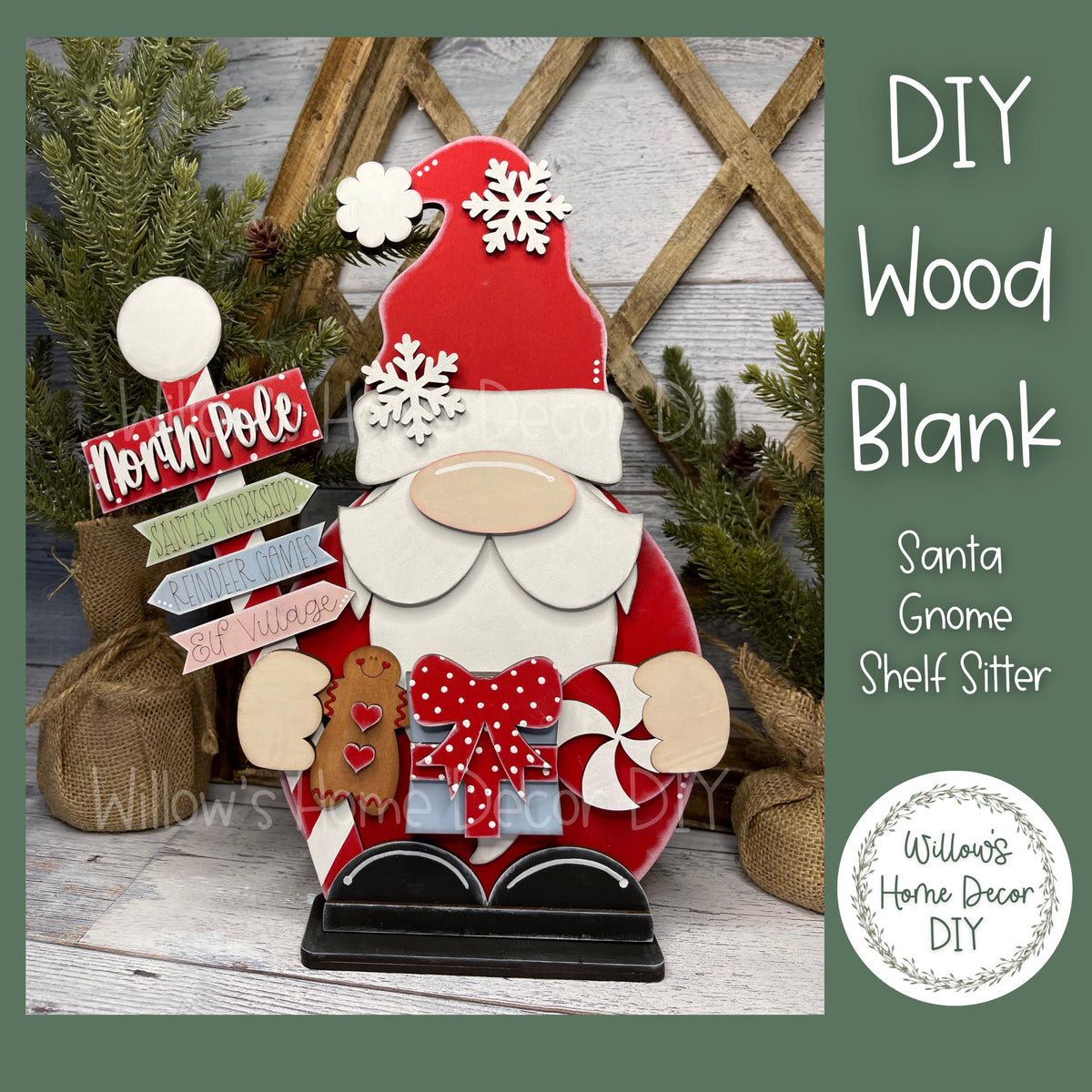Santa Gnome DIY Wood Blank - Shelf Sitter Sign - Christmas Decor - Unfinished Craft - Paint Party Supply - Adult Kids Teen Crafts - Holidays