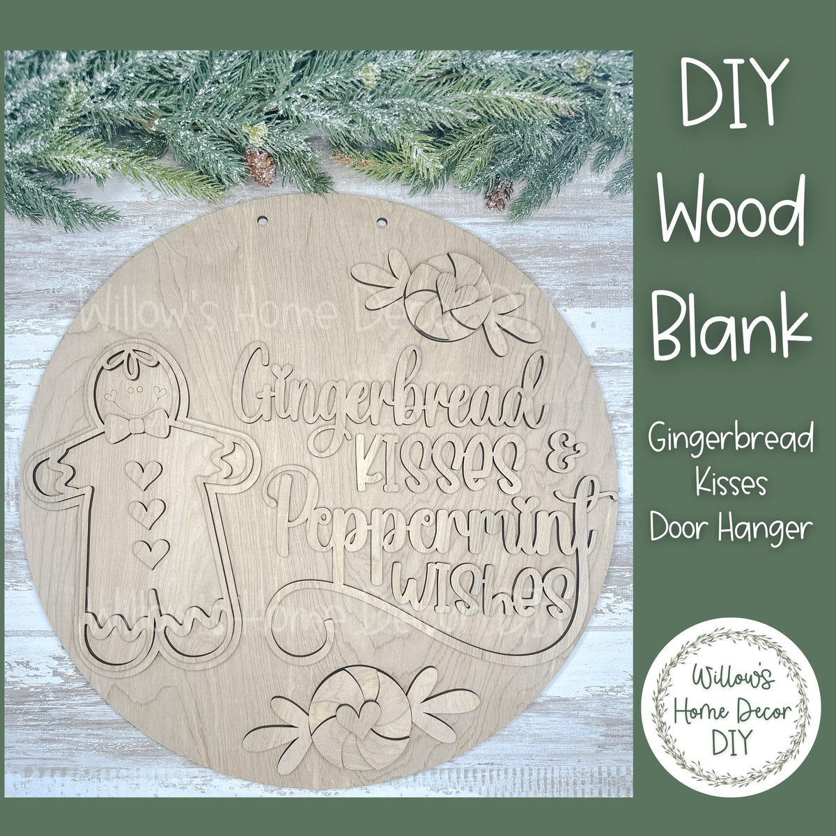 DIY Wood Blank Gingerbread Kisses Door Hanger - Unfinished Adult Kids Teens Craft - Porch Decor - Front Door Sign- Paint Party Blank