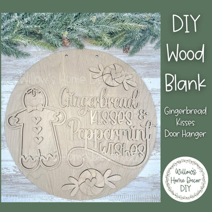 DIY Wood Blank Gingerbread Kisses Door Hanger - Unfinished Adult Kids Teens Craft - Porch Decor - Front Door Sign- Paint Party Blank
