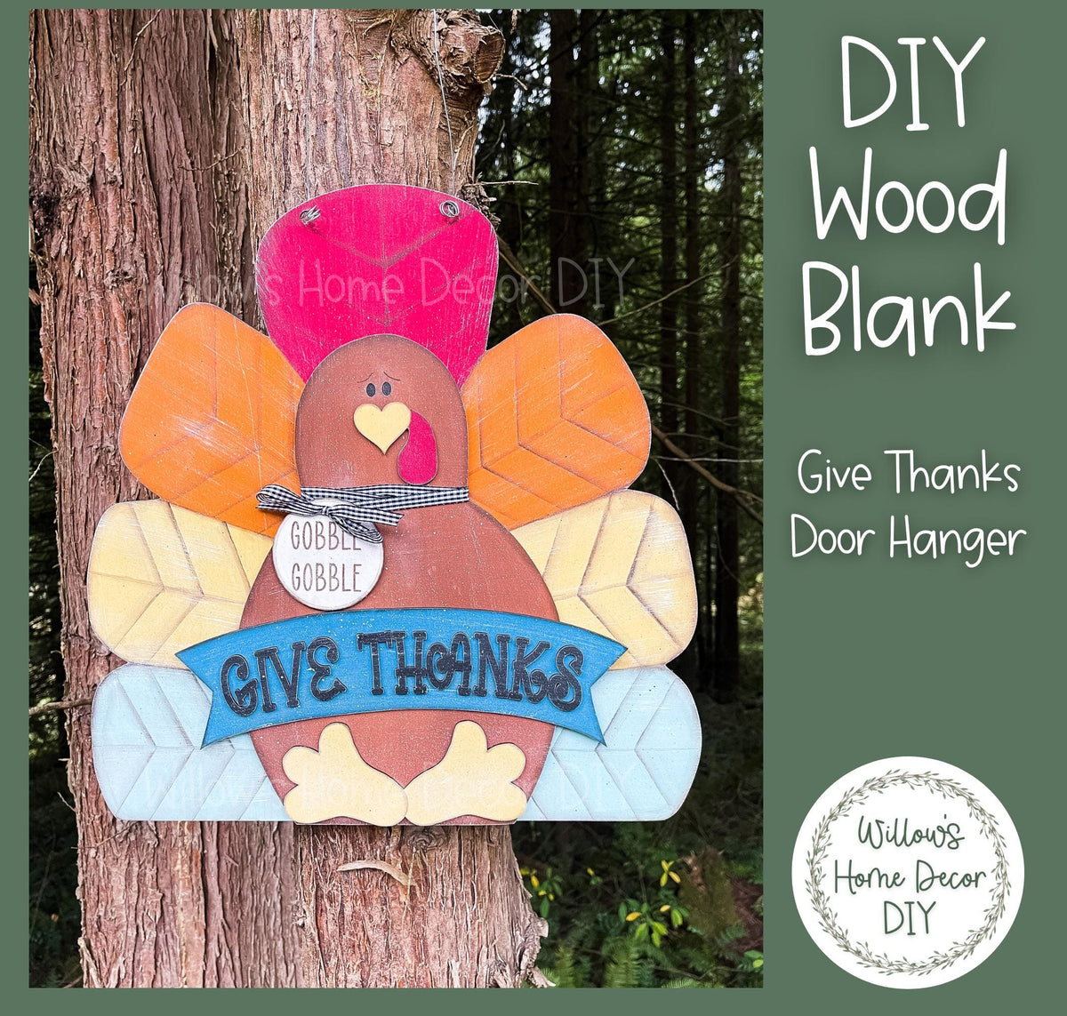 DIY Wood Blank Give Thanks Turkey Door Hanger - Unfinished Adult Kids Craft - Thanksgiving Porch Decor - Front Door Sign Paint Party