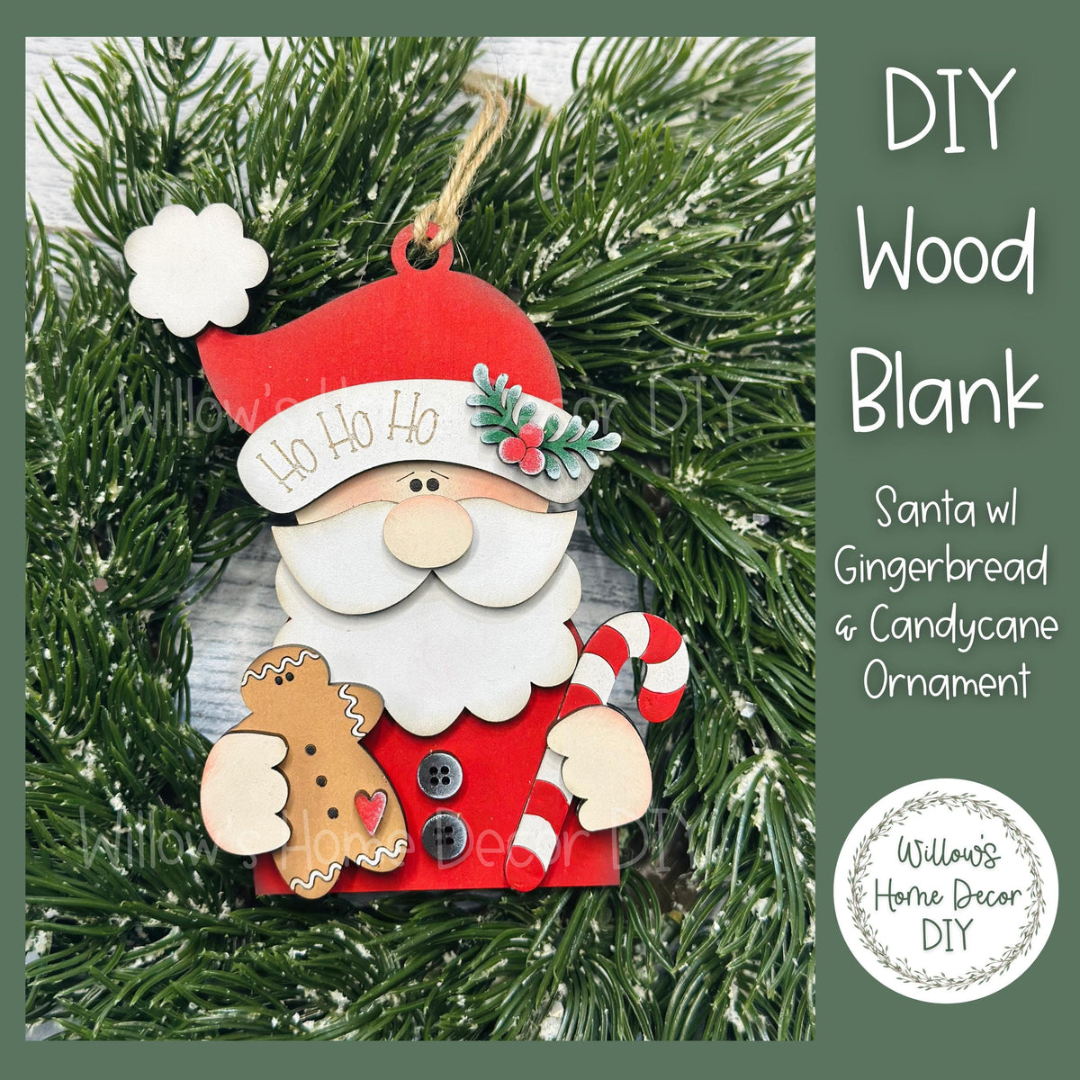 Santa with Gingerbread Candy Cane Christmas Tree Ornament - DIY Wood Blank - Holiday Winter Decor - Tree Decoration - Adult Kids Paint Kit