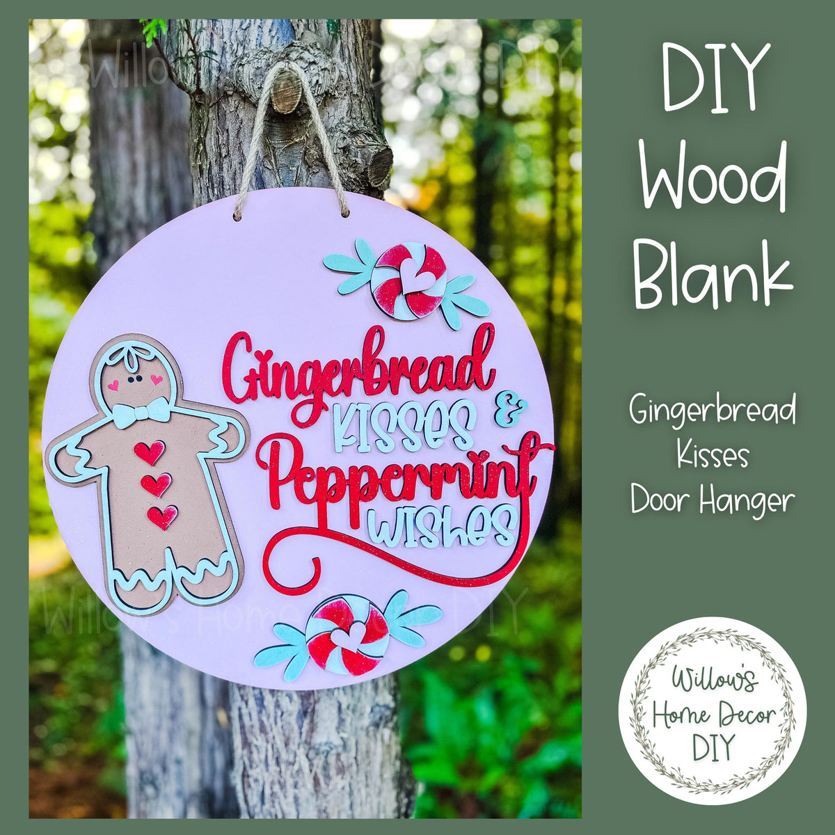 DIY Wood Blank Gingerbread Kisses Door Hanger - Unfinished Adult Kids Teens Craft - Porch Decor - Front Door Sign- Paint Party Blank