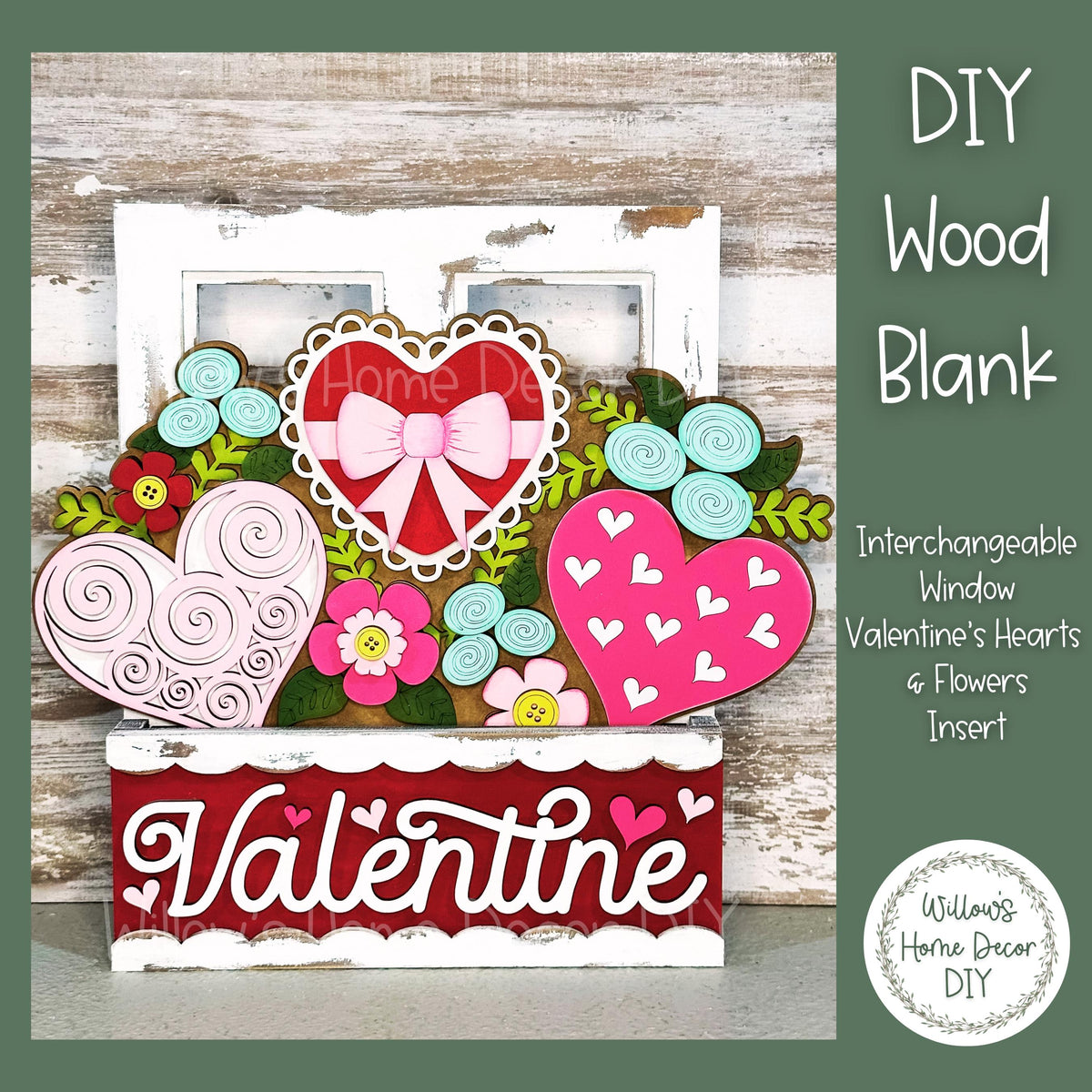 DIY Interchangeable Window Box Add-On Hearts & Flowers | Valentine's Wood Craft Blank