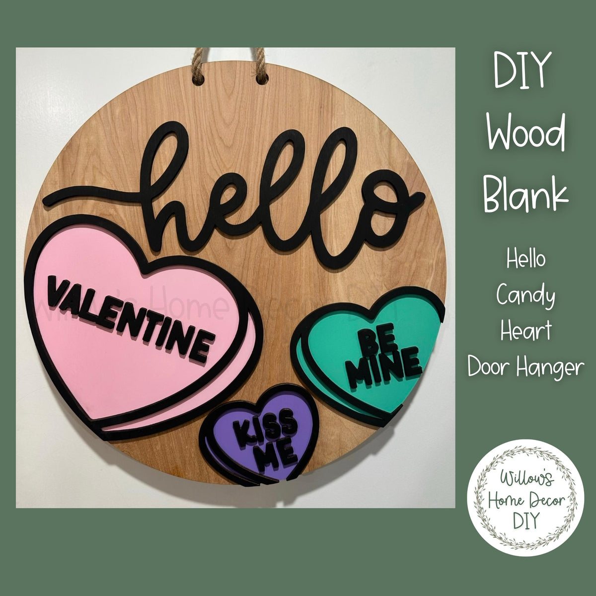 Candy Heart Valentine's Day Door Hanger | DIY Wood Blank for Crafts | Unfinished Cutout
