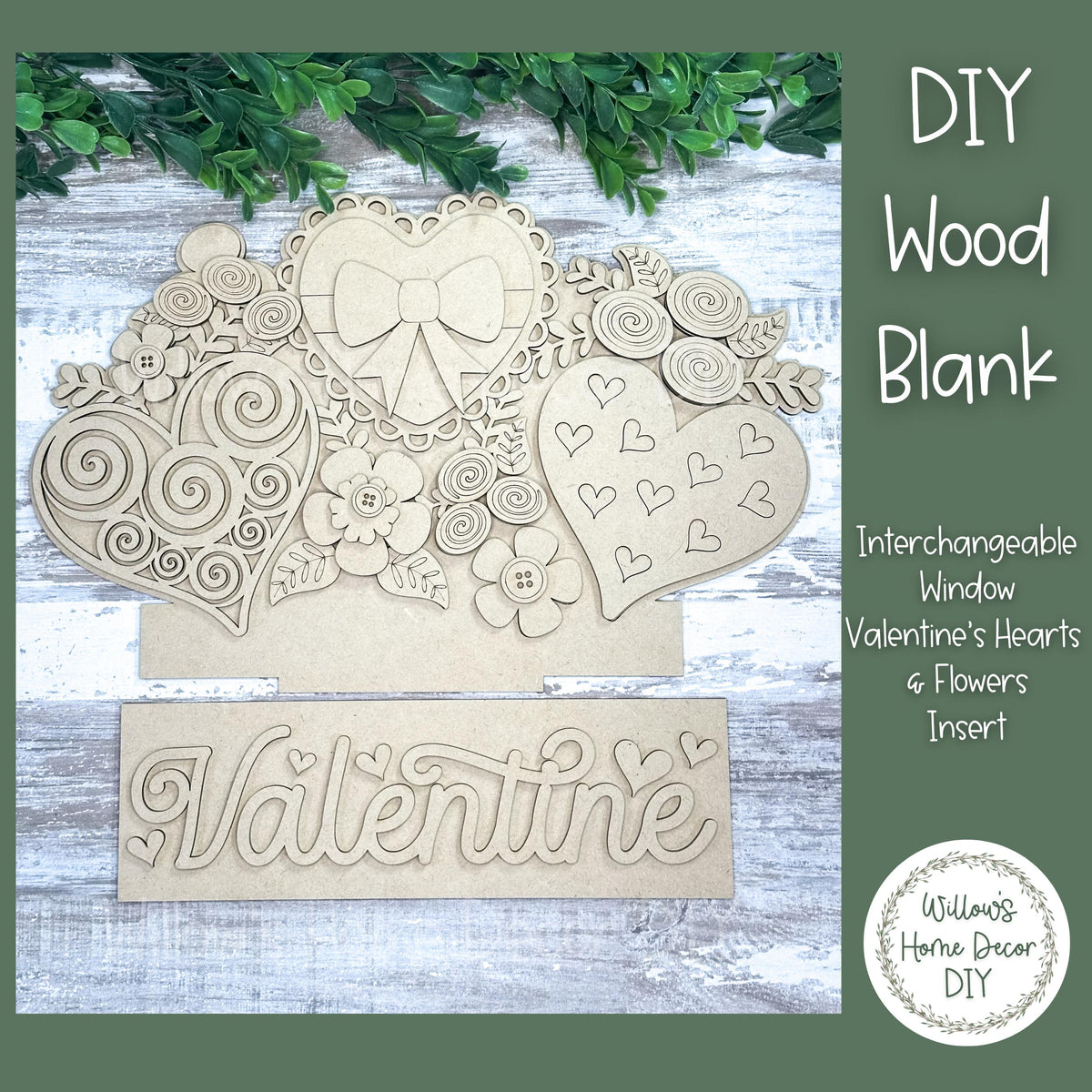 DIY Interchangeable Window Box Add-On Hearts & Flowers | Valentine's Wood Craft Blank