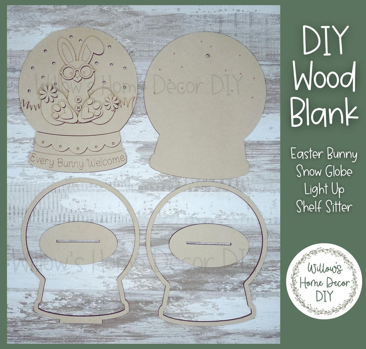 DIY Wood Blank - Easter Bunny Snow Globe Shelf Sitter - Unfinished Craft - Light Up