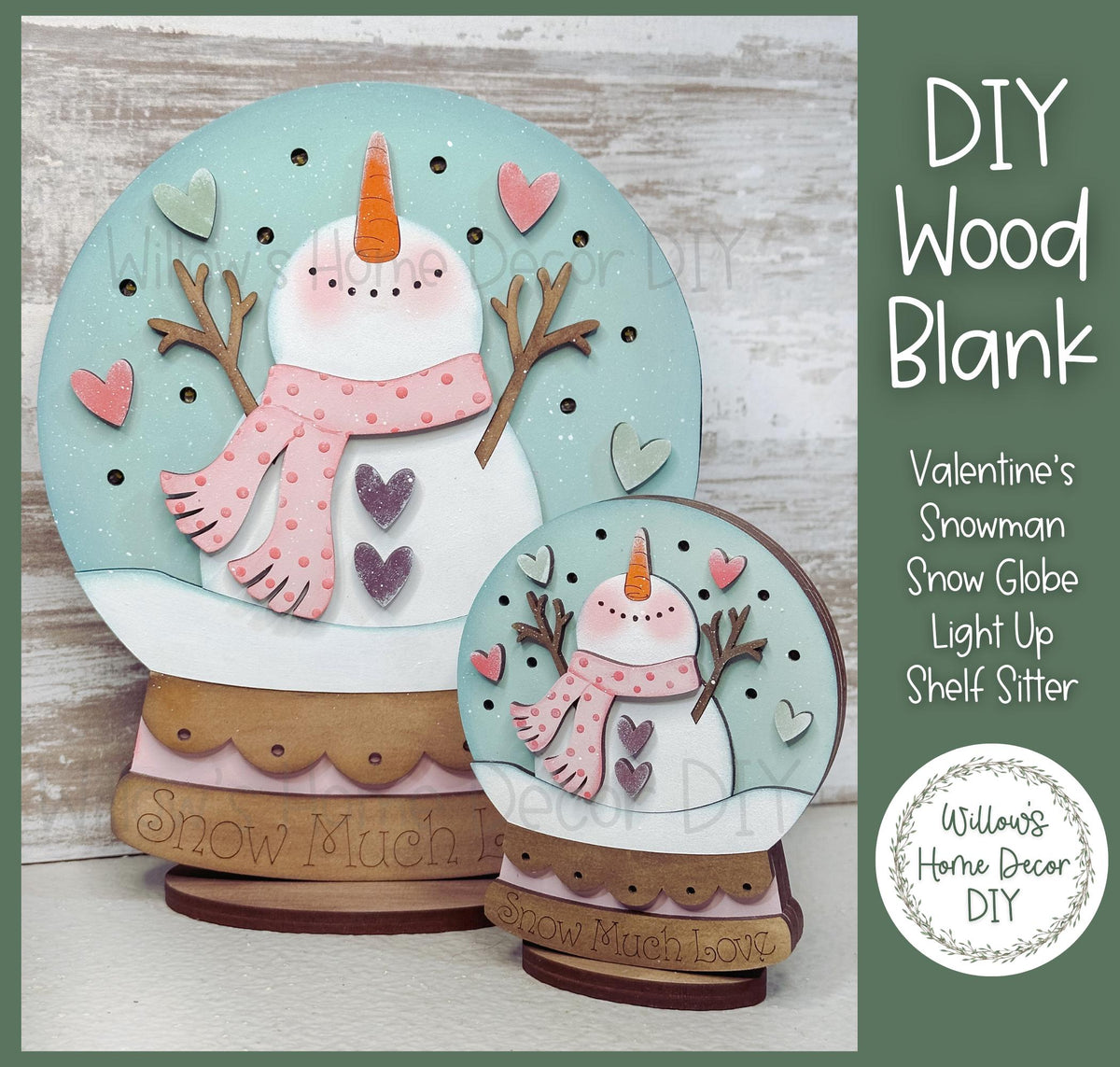 DIY Wood Blank - Valentine Snowman Snow Globe Shelf Sitter - Unfinished Craft - Light Up
