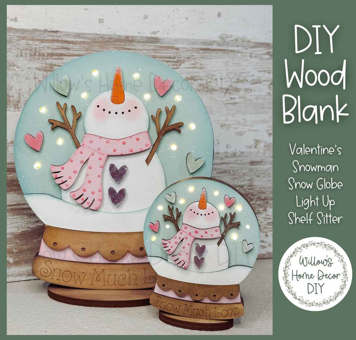 DIY Wood Blank - Valentine Snowman Snow Globe Shelf Sitter - Unfinished Craft - Light Up