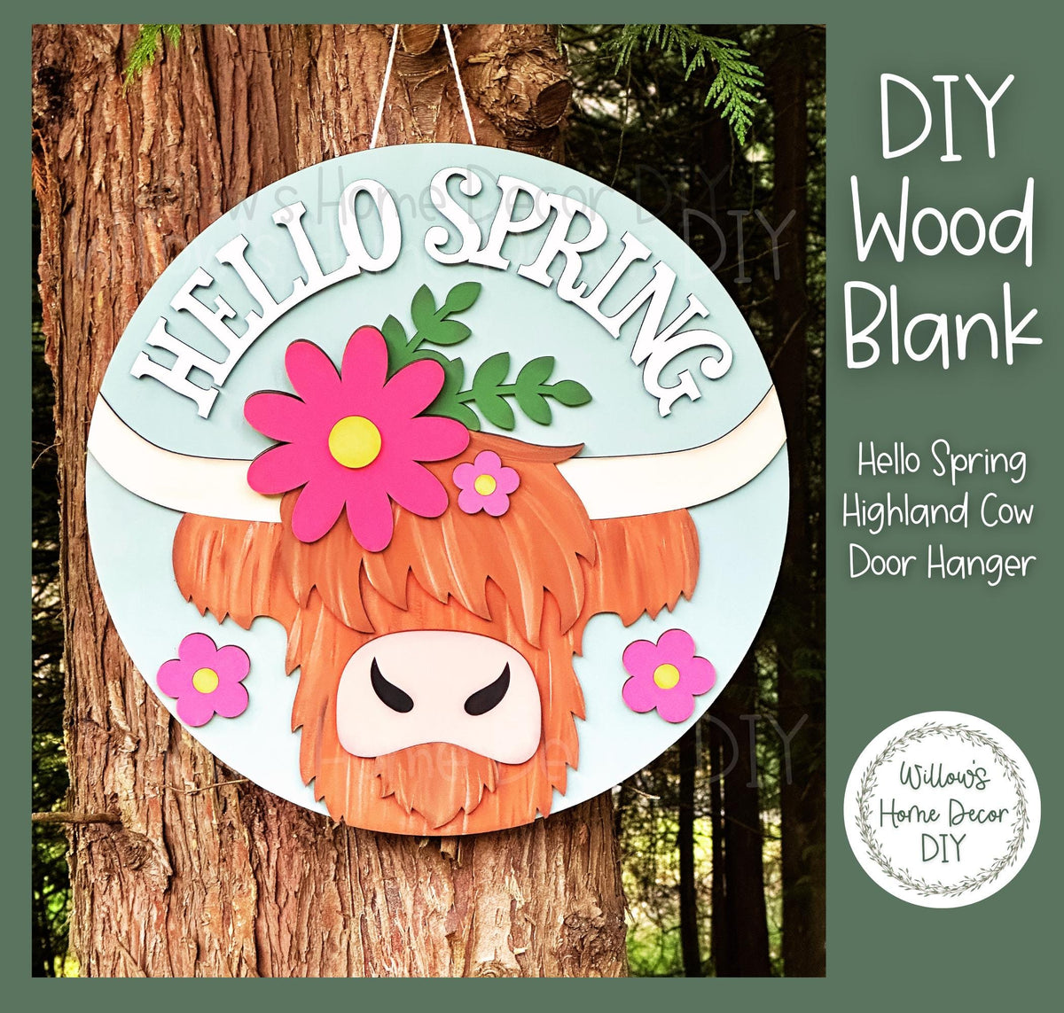 DIY Wood Blank Hello Spring Highland Cow Door Hanger | Unfinished Adult Kids Family Craft