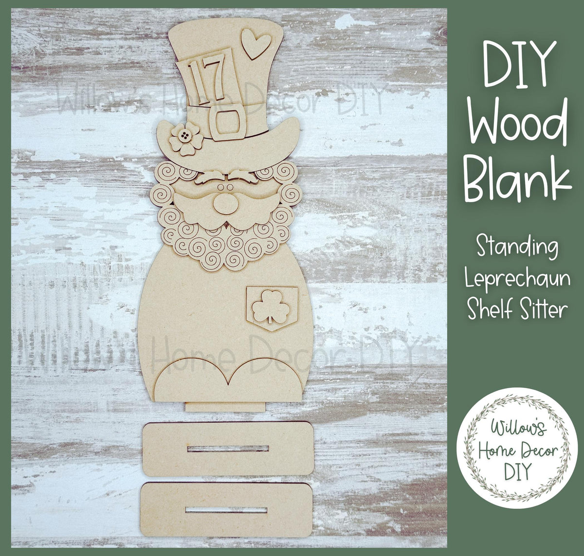 DIY Wood Blank - St. Patrick's Day Leprechaun Shelf Sitter - Unfinished Craft