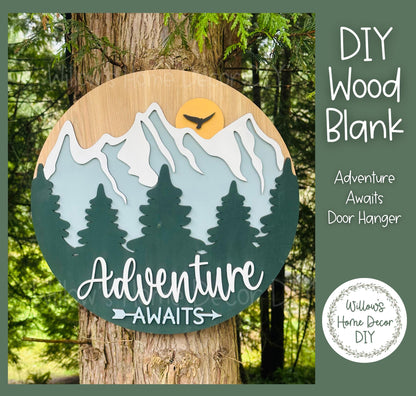 DIY Wood Blank Adventure Awaits Door Hanger | Outdoor Mountain Porch Decor | Craft Sign Kit