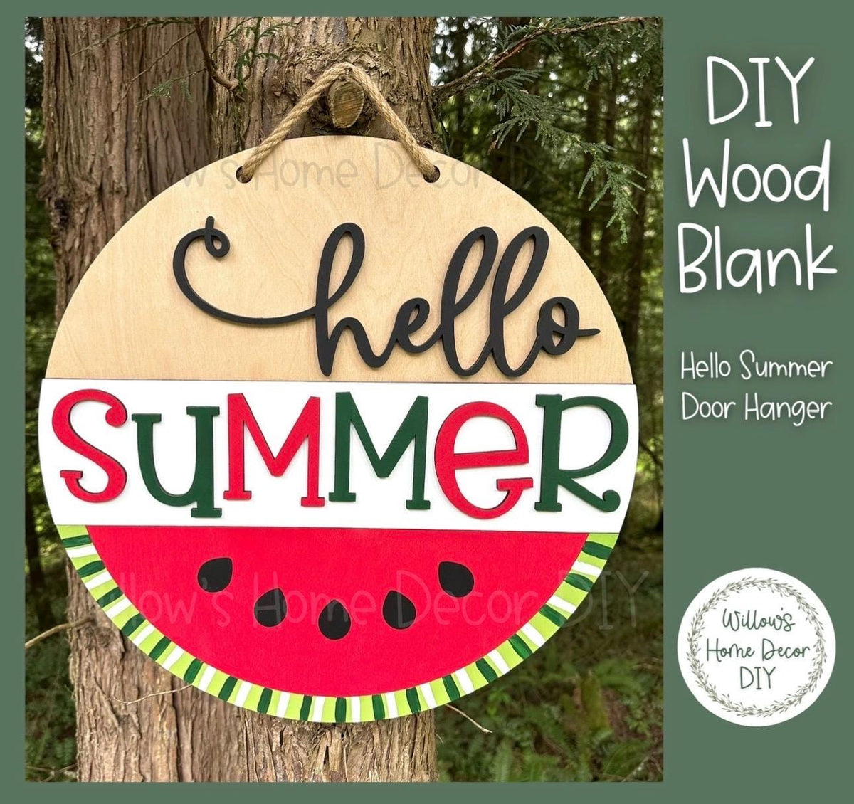 DIY Wood Blank Hello Summer Door Hanger | Unfinished Watermelon Craft | Front Porch Sign | Paint Party Supply