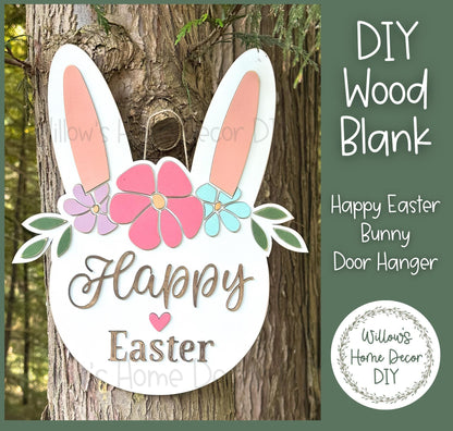 Happy Easter Bunny Door Hanger | Floral DIY Wood Blank | Front Porch Decor | Unfinished Craft