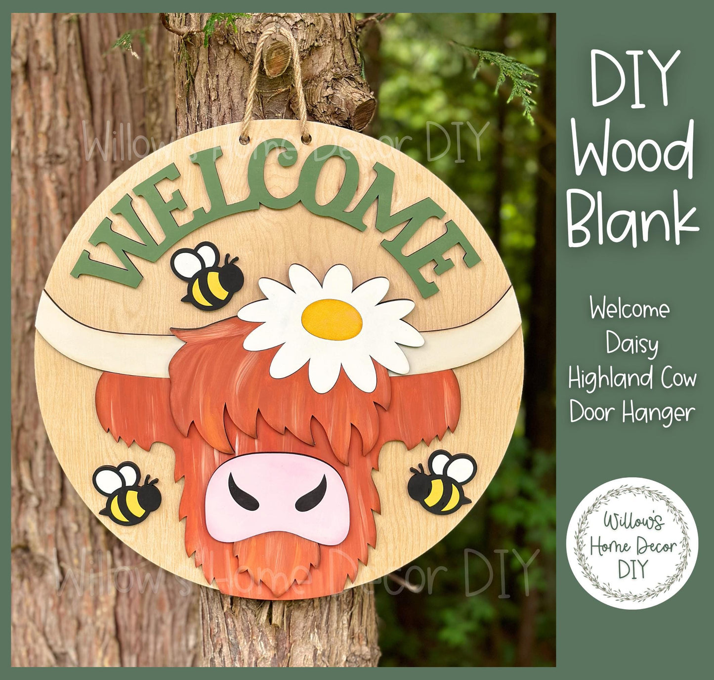 DIY Wood Blank Highland Cow Door Hanger | Welcome Daisy Front Porch Decor | Unfinished Craft | Entryway Sign | Paint Party Supply
