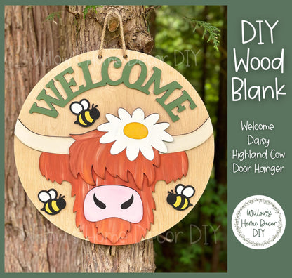 DIY Wood Blank Highland Cow Door Hanger | Welcome Daisy Front Porch Decor | Unfinished Craft | Entryway Sign | Paint Party Supply