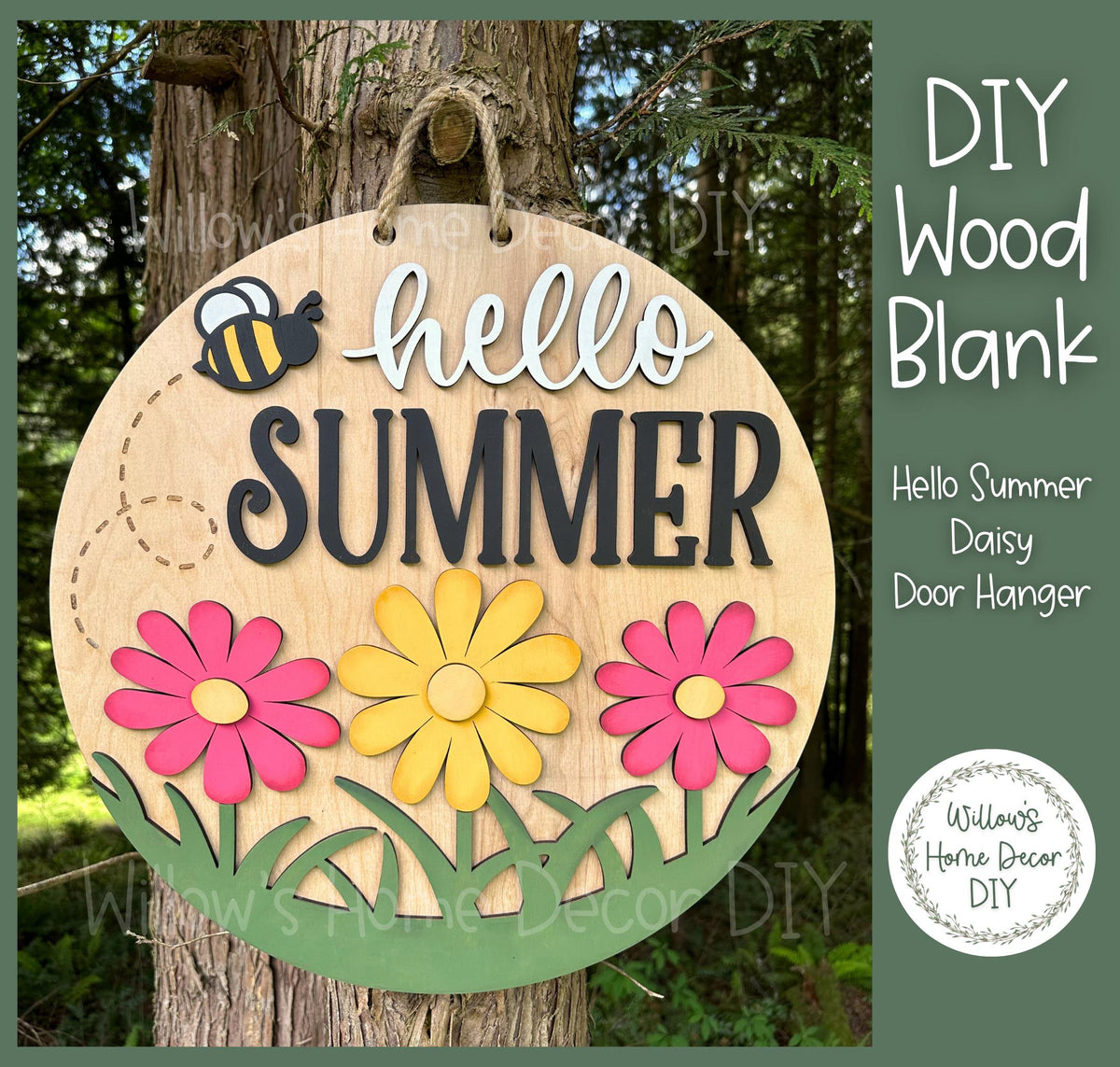 DIY Wood Blank Hello Summer Daisy Door Hanger | Front Porch Decor | Unfinished Craft | Entryway Sign | Paint Party Supply