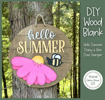 DIY Wood Blank Hello Summer Daisy & Bee Door Hanger | Front Porch Decor | Unfinished Craft | Entryway Sign | Paint Party Supply