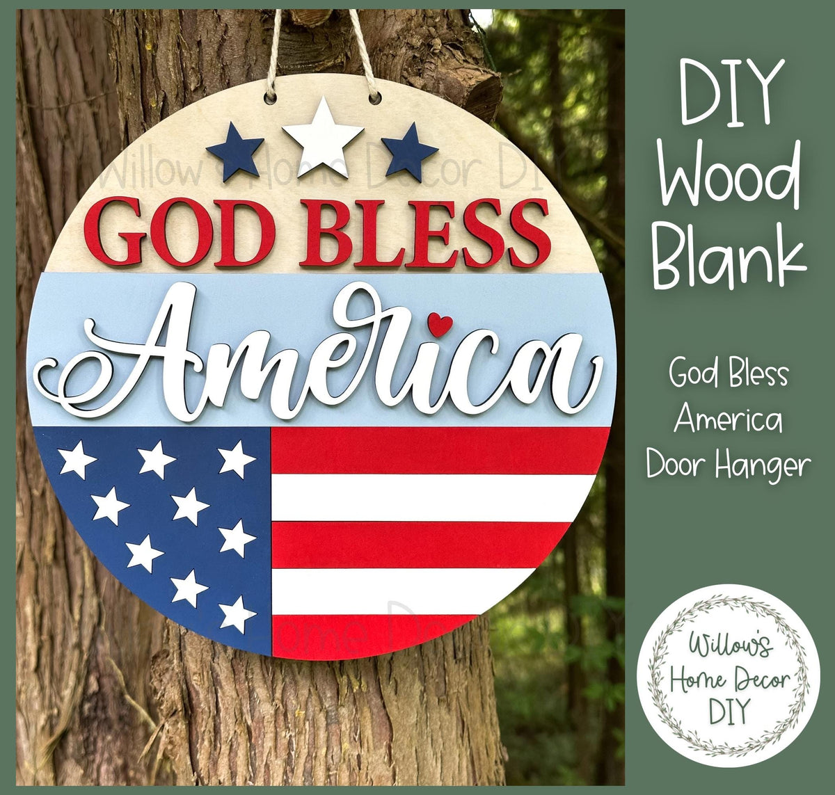 Patriotic Door Hanger Wood Blank | God Bless America 4th of July Decor | Unfinished Craft Supply | Front Porch Sign | Paint Party
