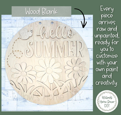 DIY Wood Blank Hello Summer Daisy Door Hanger | Front Porch Decor | Unfinished Craft | Entryway Sign | Paint Party Supply