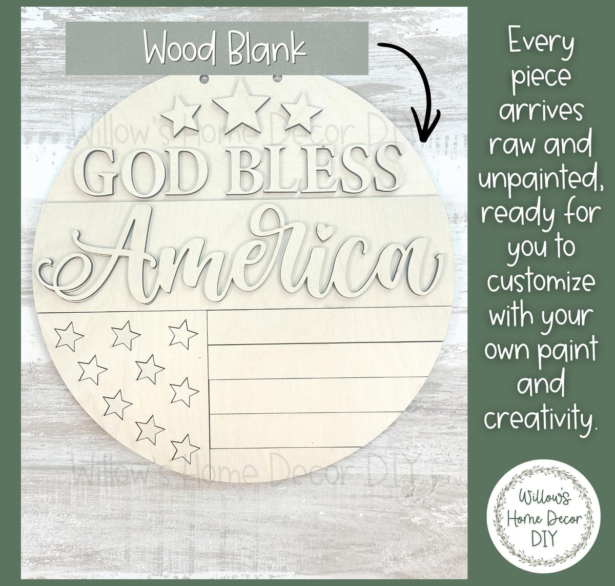 Patriotic Door Hanger Wood Blank | God Bless America 4th of July Decor | Unfinished Craft Supply | Front Porch Sign | Paint Party
